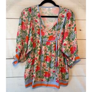 Sage Vell Floral Babydoll Blouse V-Neck Tie Balloon Sleeve Pink Blue Orange M